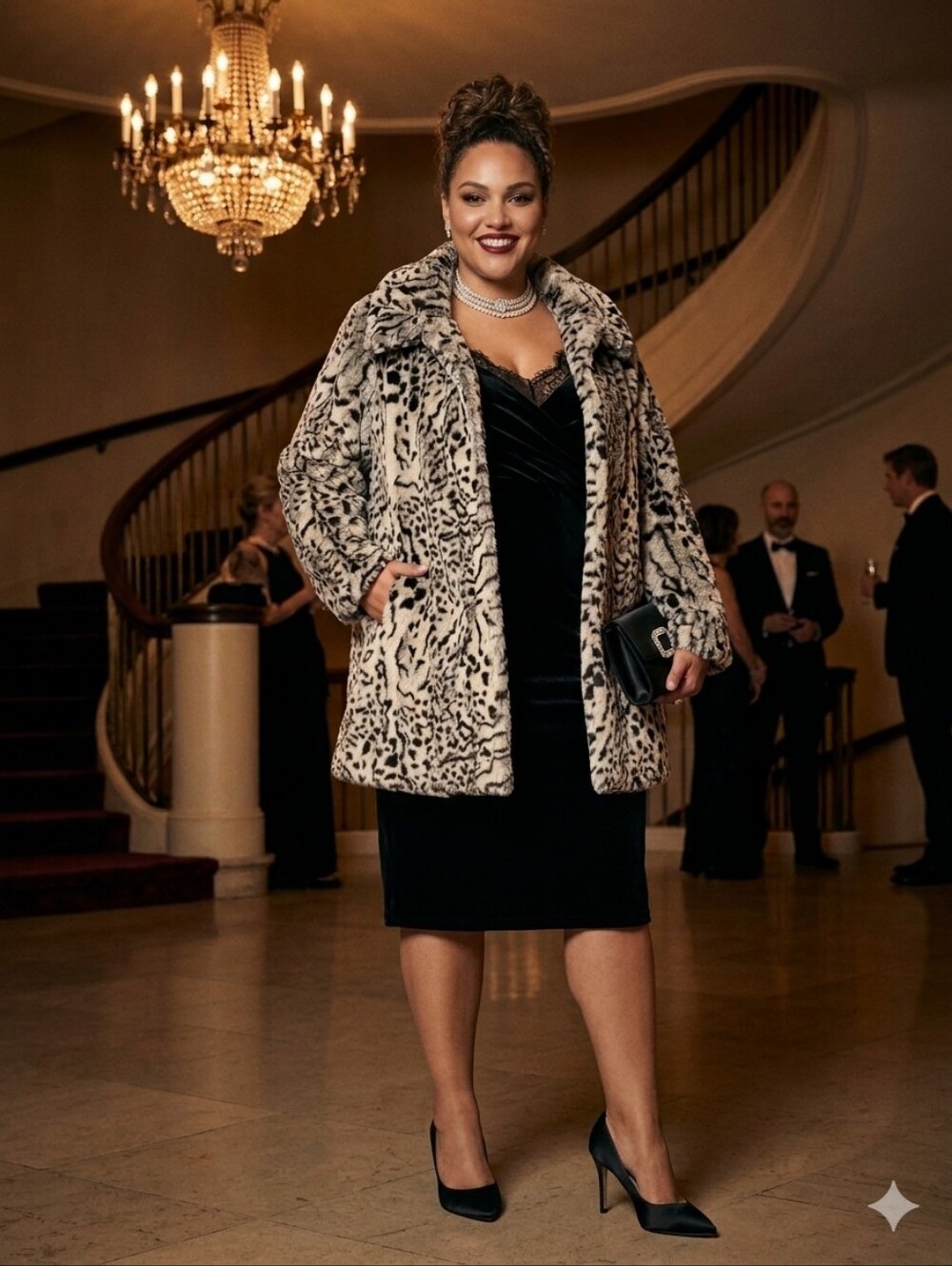 Bella Women's Faux Fur Animal Print Coat - Gray/Black